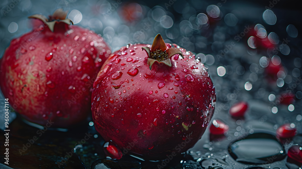 Close-up of two pomegranates covered in water droplets on a dark, glossy surface with scattered seeds, creating a moody atmosphere. Close-up of two pomegranates covered in water droplets on a dark, glossy surface with scattered seeds, creating a moody atmosphere.