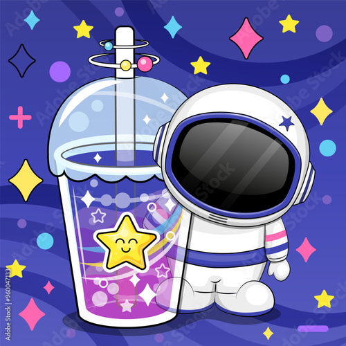 Cute cartoon astronaut with a big star drink. Vector illustration of a space man and a cup of colorful water on a dark blue background with stars and dots.