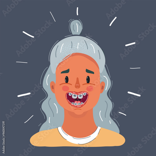 Cartoon vector illustration of Portrait of a girl smiling with braces on him teeth.