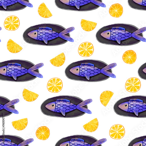 Seamless pattern with food. Delicious dishes with fish on a plate and lemon. Dinner with seafood. Background for restaurants and design, decor photo