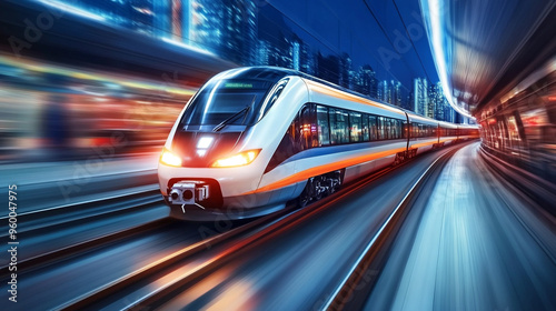 A modern train speeds through a vibrant cityscape at night, showcasing dynamic motion and urban energy.