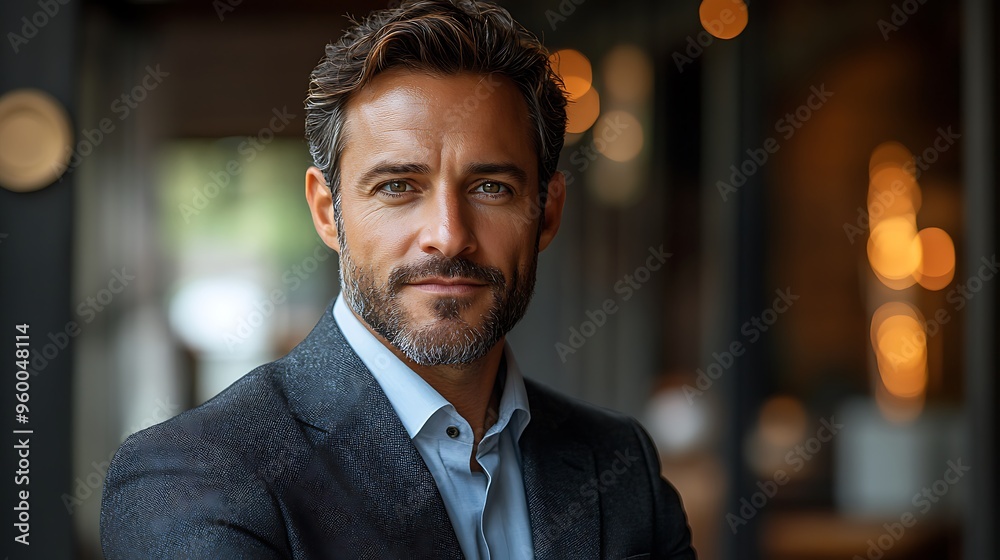 A professional headshot of a confident businessperson in a corporate setting 