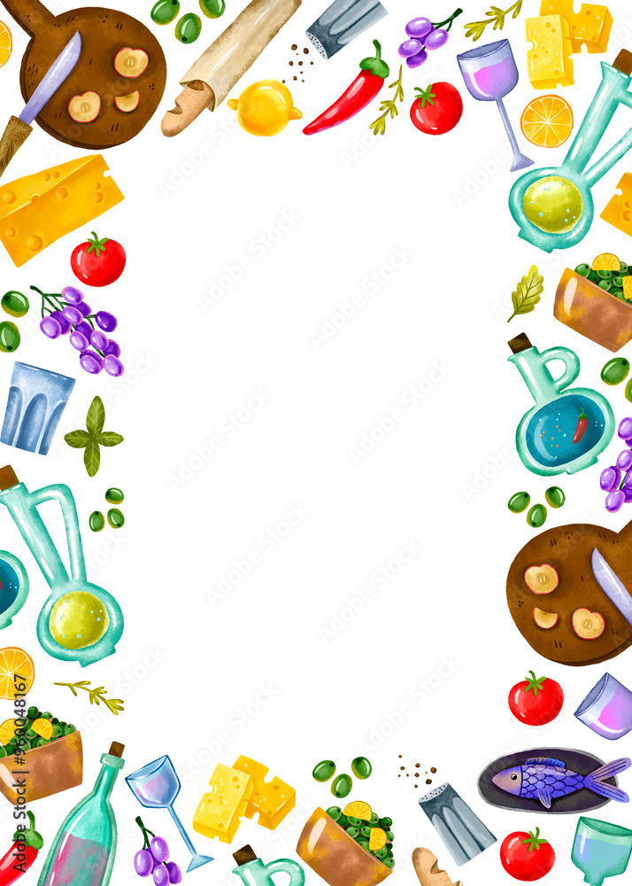 Frame vertical with ingredients for restaurant, food and prepared dishes. Menu and food. Isolated background Frame vertical with ingredients for restaurant, food and prepared dishes. Menu and food. Isolated background