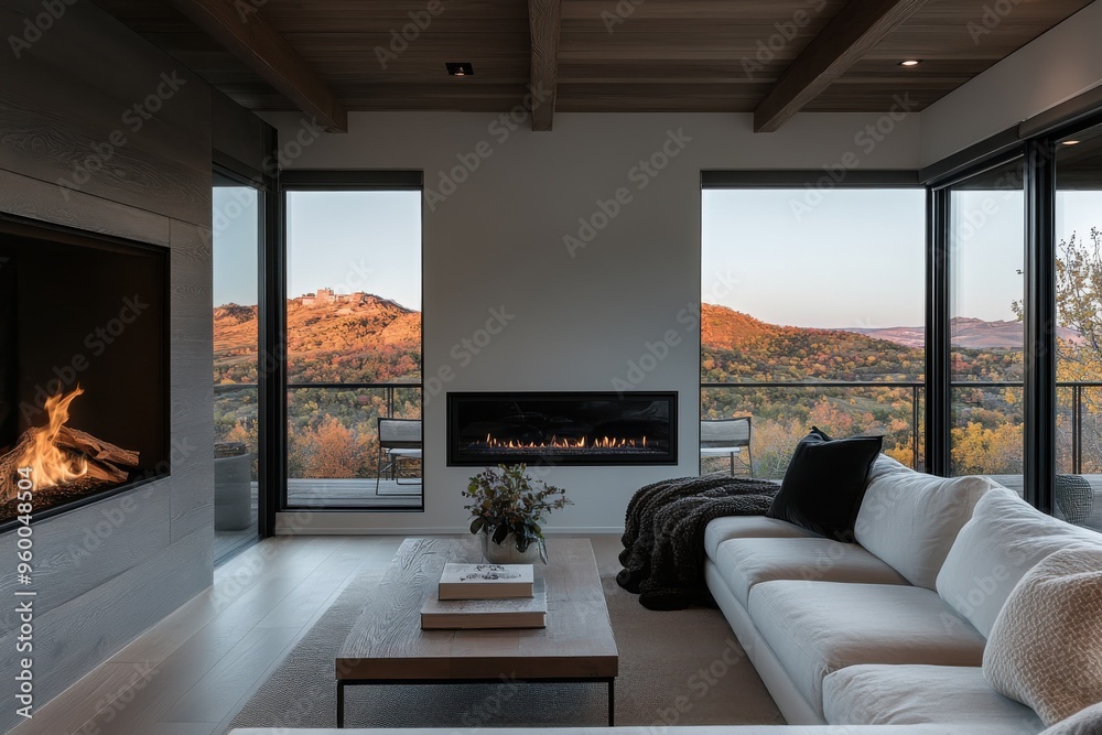 Fototapeta premium A minimalist living room with a modern fireplace and panoramic windows showcasing a beautiful mountain sunset, offering a serene and stylish retreat.