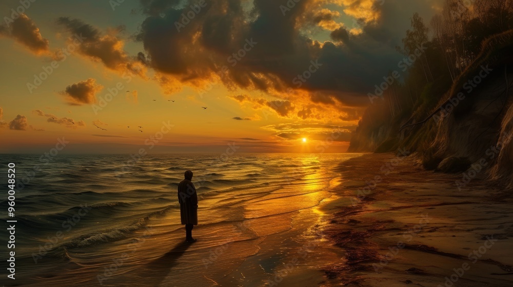Fototapeta premium A solitary figure stands on a beach at sunset, watching the waves as the sun dips below the horizon. The dramatic sky and golden light create a contemplative and serene mood, ideal for themes of