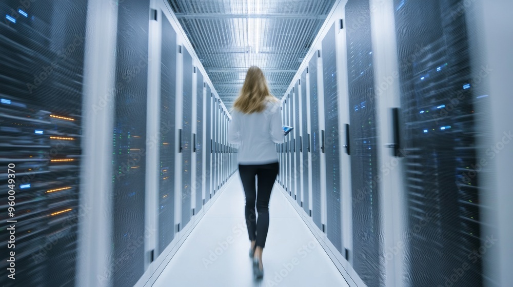 Fototapeta premium Data Center Technician Walking Through Server Room