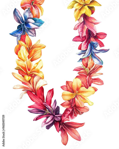 Colorful floral lei illustration with vibrant tropical flowers, perfect for Hawaiian themes, travel, and summer designs.
