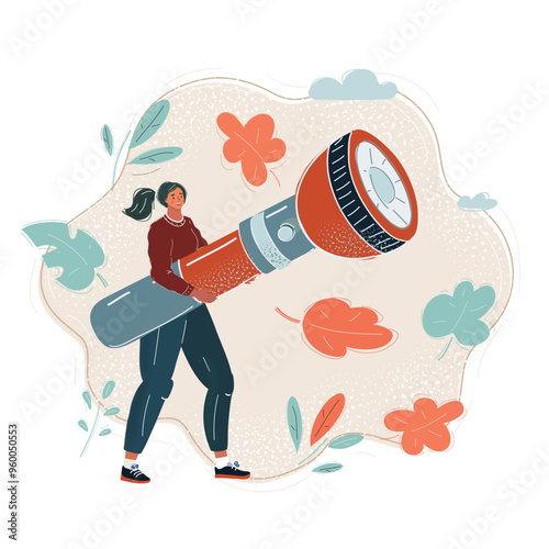 Cartoon vector illustration of big flashlight in girls hands