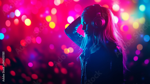 A vibrant silhouette of a woman enjoying music with colorful lights in the background, embodying energy and nightlife.