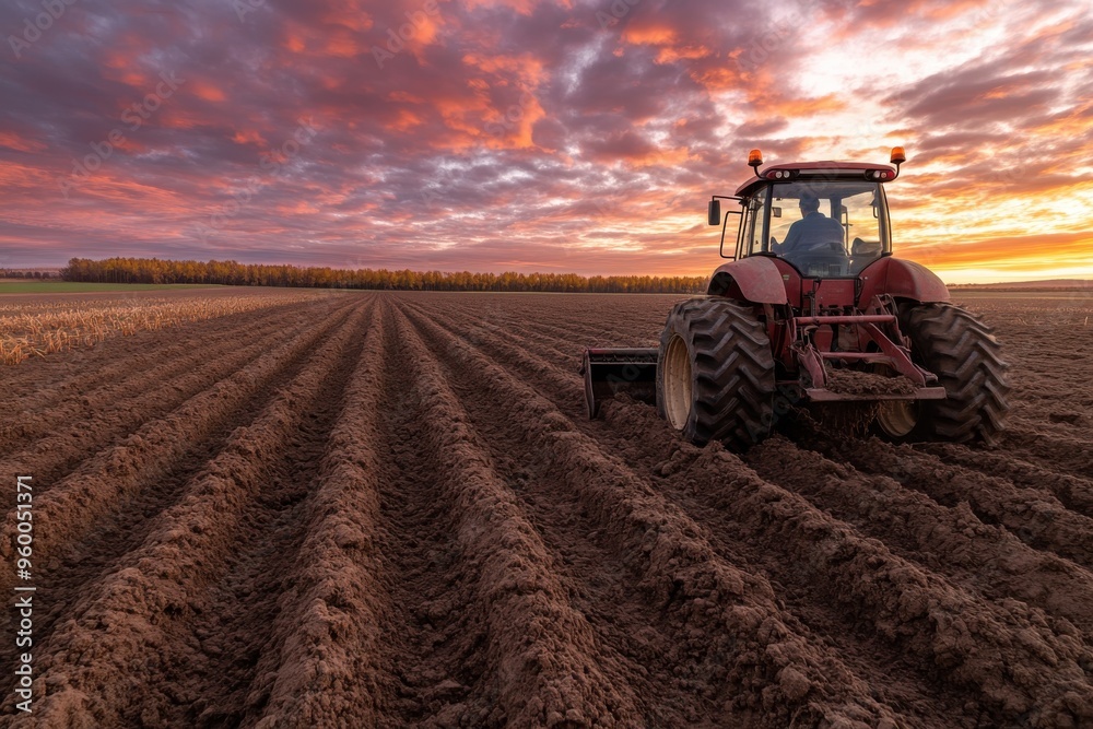 A red tractor is seen plowing through freshly prepared soil on a large field as the sun rises in the background, symbolizing a new day in agriculture and persistence. A red tractor is seen plowing through freshly prepared soil on a large field as the sun rises in the background, symbolizing a new day in agriculture and persistence.
