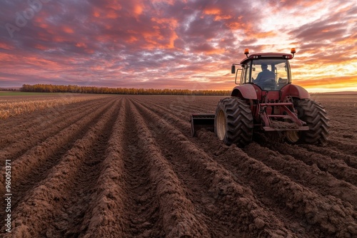 A red tractor is seen plowing through freshly prepared soil on a large field as the sun rises in the background, symbolizing a new day in agriculture and persistence.