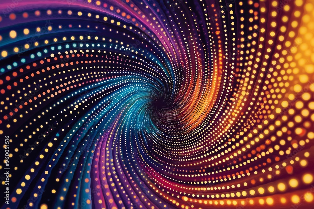 A dotted pattern forming an abstract spiral, with colors shifting from warm tones to cool tones A dotted pattern forming an abstract spiral, with colors shifting from warm tones to cool tones