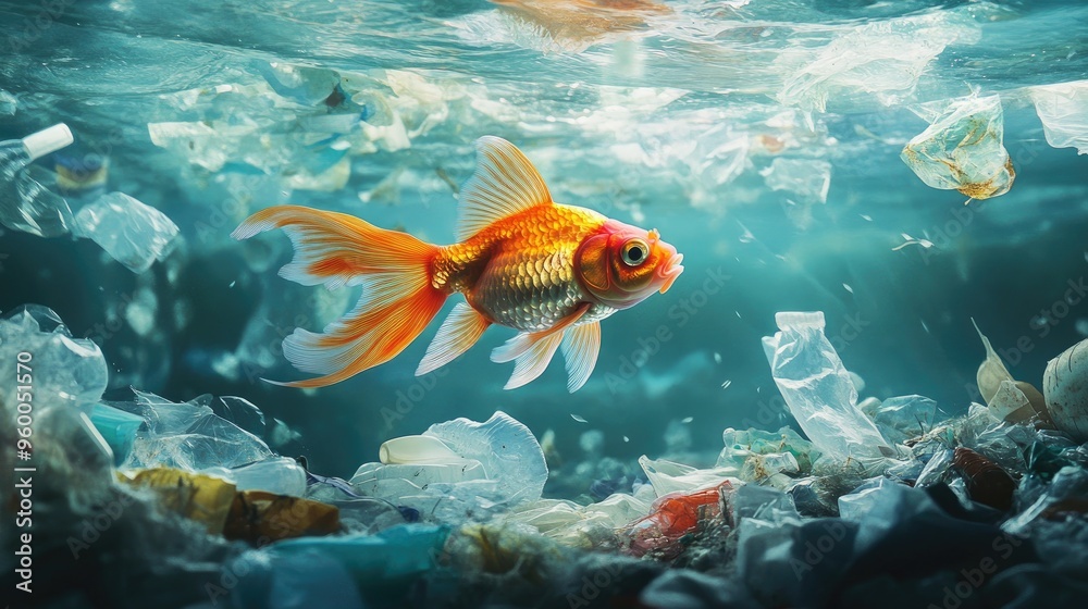 Polluted ocean scene with a goldfish swimming through plastic waste, underscoring the threat of pollution to marine ecosystems. Polluted ocean scene with a goldfish swimming through plastic waste, underscoring the threat of pollution to marine ecosystems.