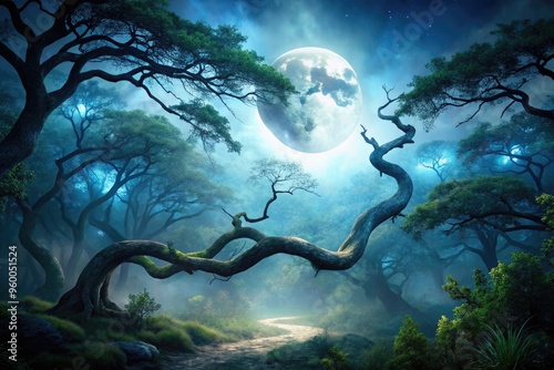 Moonlit misty forest landscape with a serpent-like tree branch dividing darkness and light, symbolizing harmony between opposing forces and the balance of nature. photo