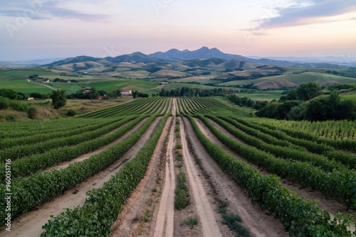Wallpaper Mural Rows of grapevines stretch towards a vast mountain range under a soft sky, showcasing the expansive and serene landscape of a vineyard. Torontodigital.ca