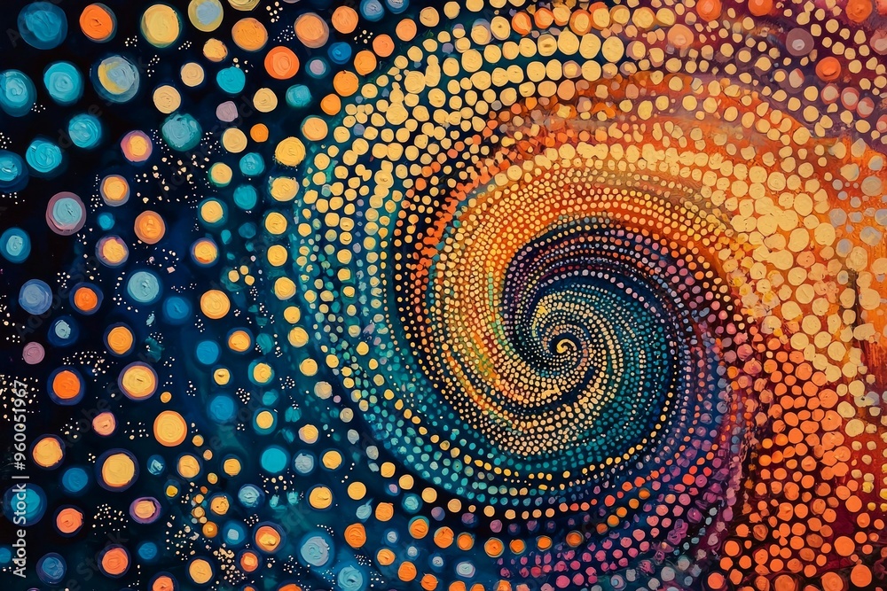 A dotted pattern forming an abstract spiral, with colors shifting from warm tones to cool tones