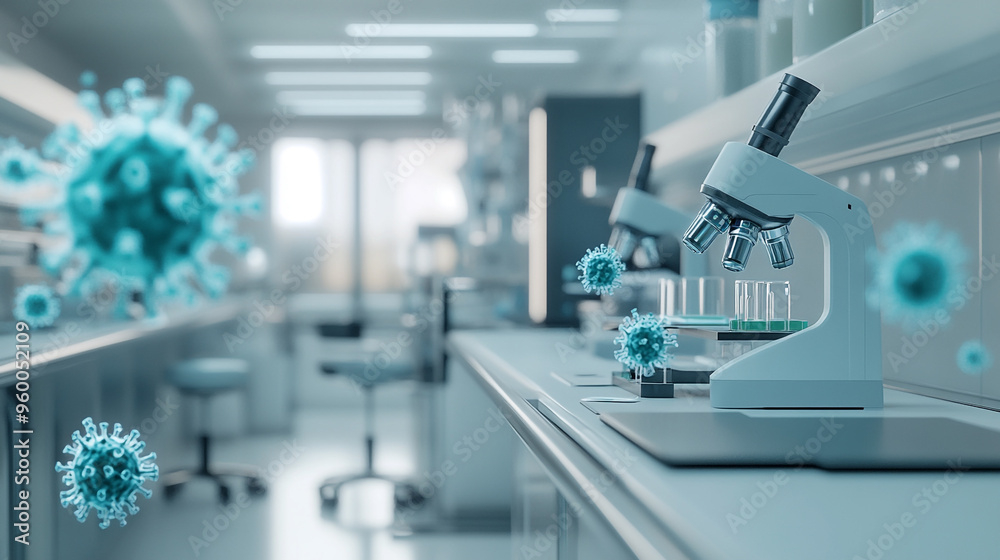 Advanced laboratory featuring microscopes and virus illustrations, perfect for scientific research and health-related themes. Advanced laboratory featuring microscopes and virus illustrations, perfect for scientific research and health-related themes.
