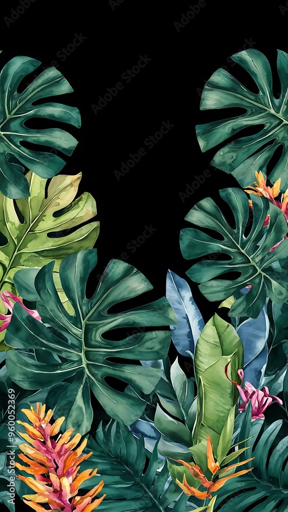 Watercolor tropical background with monstera leaves on a black background. For design of wedding invitations, greeting cards and banners. Watercolor tropical background with monstera leaves on a black background. For design of wedding invitations, greeting cards and banners.
