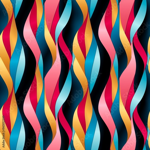 Abstract colourful seamless pattern with vertical waves in yellow, orange, gold, red, pink, blue and black colours.