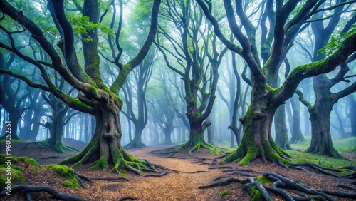 Mysterious and eerie atmosphere pervades the twisted, gnarled trees of Hoia Baciu Forest in Romania, shrouded in mist and surrounded by folklore and legend. photo