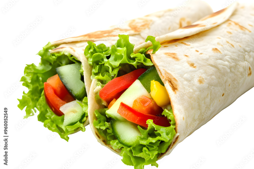 Wrap with fried chicken meat and vegetables isolated on transparent background
Wrap with fried chicken meat and vegetables isolated on transparent background