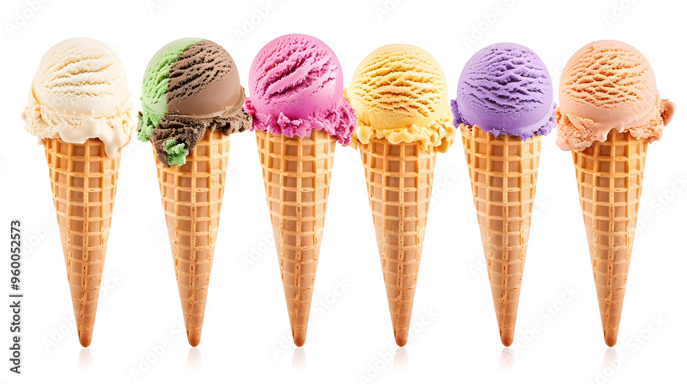 A delicious assortment of six ice cream cones featuring vanilla, chocolate, strawberry, mango, blueberry, and pistachio flavors, isolated on a white background. A delicious assortment of six ice cream cones featuring vanilla, chocolate, strawberry, mango, blueberry, and pistachio flavors, isolated on a white background.