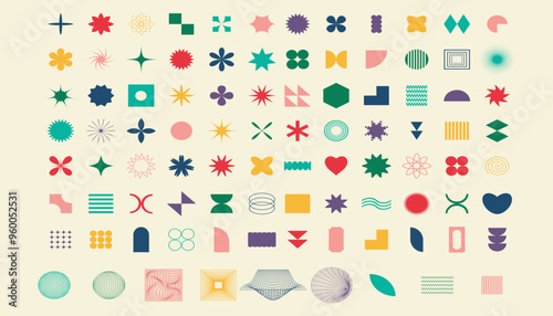Big retro vintage color set geometric shapes milk background. Trendy abstract minimalist figures, stars, flowers, circles. Modern abstract graphic elements. Brutalist geometric shapes.