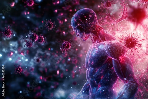 Immune system, attacking, healthy tissues, autoimmune diseases, stylized, abstract, immune system, body tissues, dramatic lighting, contrasts, conflict, body photo