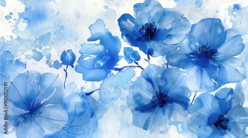 Beautiful Blue Flowers in Watercolor Painting with Abstract Background
