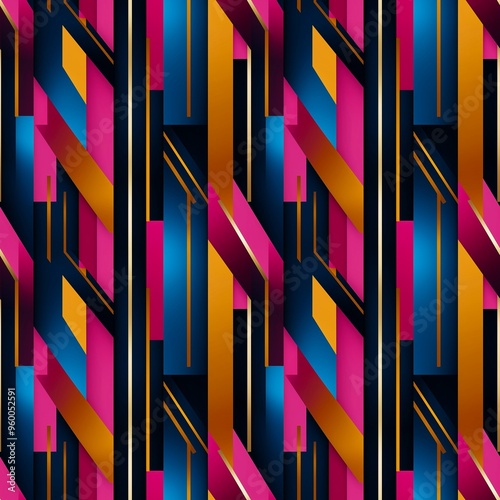 Abstract colorful geometric seamless pattern in pink, red, blue, black, yellow, orange and gold bright colours. 