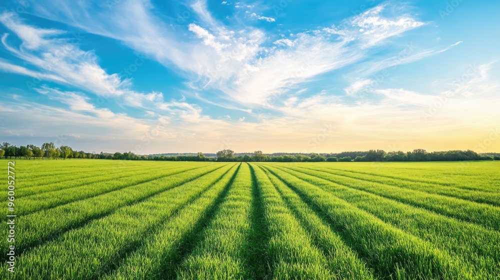 Serene agricultural landscape with freshly cut alfalfa field and leading lines toward a vast, open sky, capturing a peaceful and tranquil rural setting. Serene agricultural landscape with freshly cut alfalfa field and leading lines toward a vast, open sky, capturing a peaceful and tranquil rural setting.