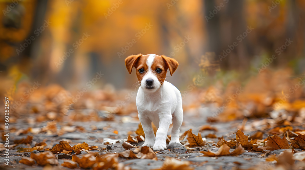 Young puppy walking curiously along a path covered in autumn leaves, with a warm, golden fall backdrop, evoking a sense of adventure and nature. Young puppy walking curiously along a path covered in autumn leaves, with a warm, golden fall backdrop, evoking a sense of adventure and nature.