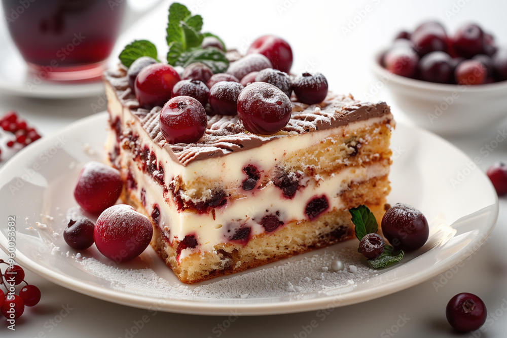 Delicious cherry cake with chocolate and cream, topped with fresh cherries on a plate – Close-up Delicious cherry cake with chocolate and cream, topped with fresh cherries on a plate – Close-up