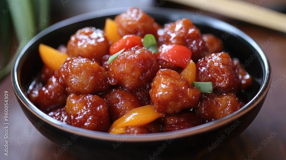 Sweet and sour pork, deep-fried and coated in a tangy sauce. Sweet and sour pork, deep-fried and coated in a tangy sauce.