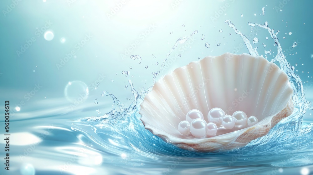 Pearl cosmetics, scallop shell podium, blue water splashes and white pearls on wave ripple. Vector elegant display blending beauty of pearls and sea, captivating showcase for natural cosmetic products Pearl cosmetics, scallop shell podium, blue water splashes and white pearls on wave ripple. Vector elegant display blending beauty of pearls and sea, captivating showcase for natural cosmetic products