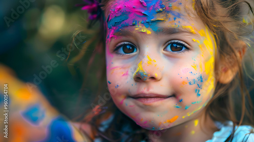 Close-up of a child with bright and vibrant paint splatters on their face, smiling during a playful outdoor art activity, capturing the joy and creativity of childhood.