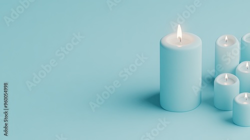 A lit candle radiates warmth and hope amidst numerous burning candles, set against a serene pastel background, inviting moments of reflection and tranquility