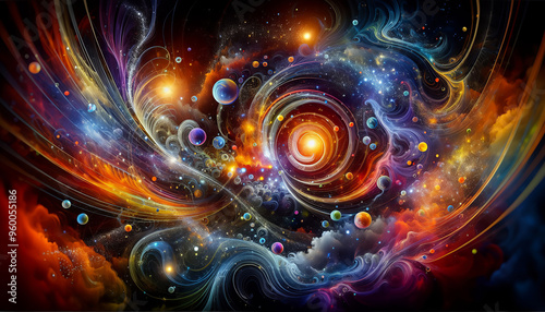 Abstract cosmic scene with swirling patterns, bright colors, and spherical elements. photo