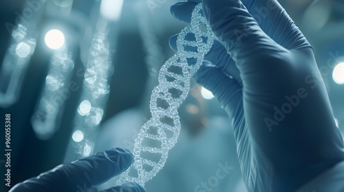 Close up of scientist s hands in gloves holding a DNA molecule for genetic research and analysis photo