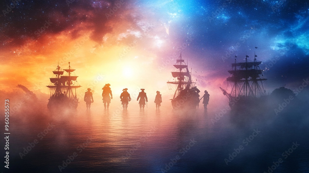 Fototapeta premium Ghostly pirate crew emerging from the fog