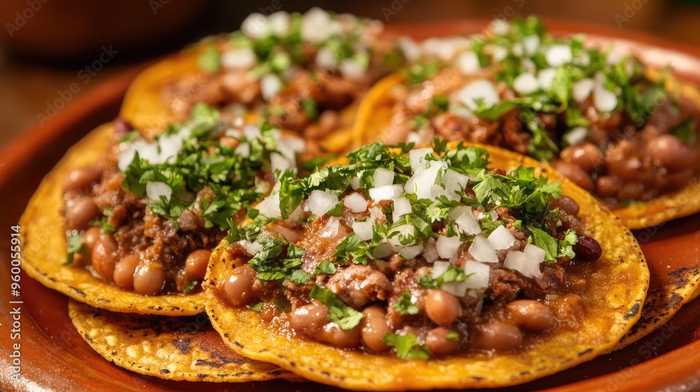 Tostadas, crispy tortillas topped with beans, meat, and cheese. Tostadas, crispy tortillas topped with beans, meat, and cheese.