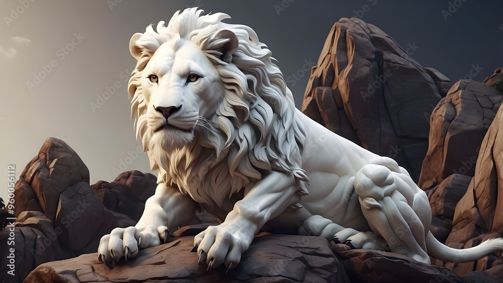 Fototapeta premium A white lion perched atop a boulder. three-dimensional drawing. Inventions in Generative AI