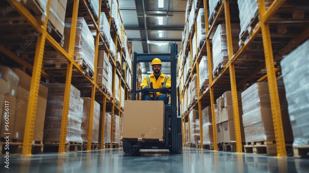 Worker operating forklift in warehouse Worker operating forklift in warehouse