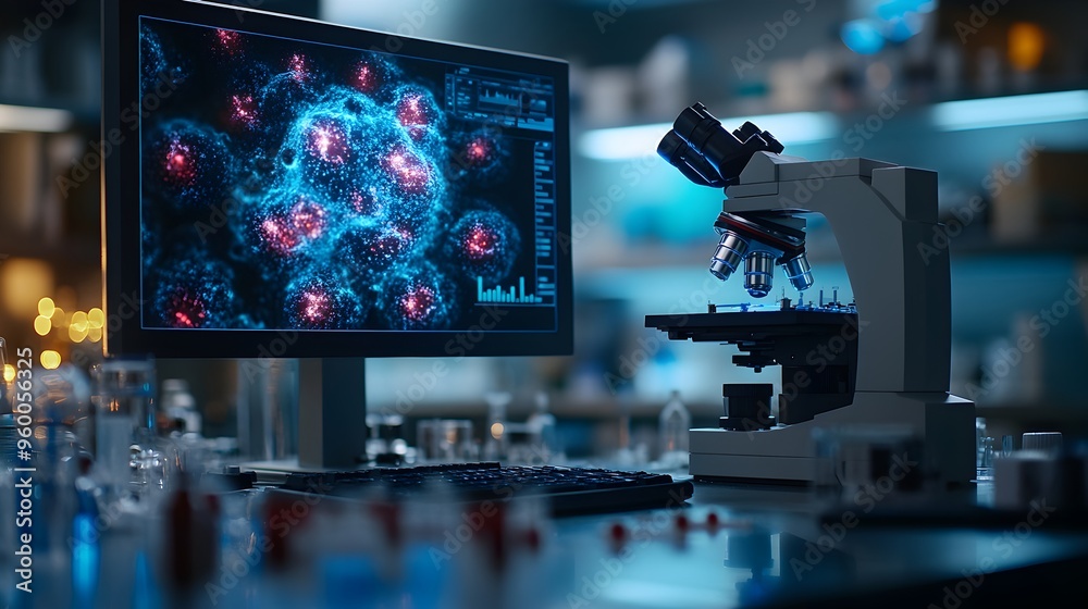 Fototapeta premium Microscopic View of Genetically Modified Bacteria in a Scientific Laboratory