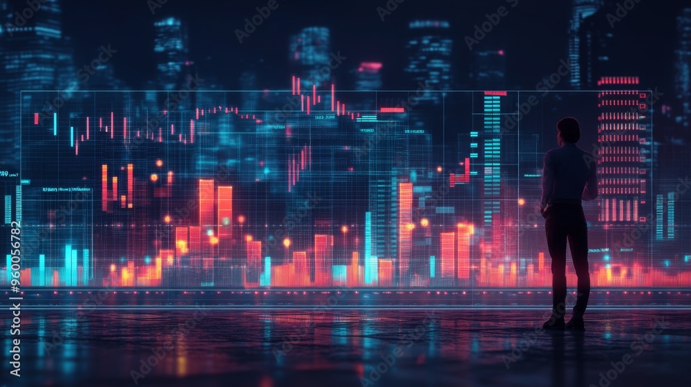 Obraz premium Silhouette Person Looking at Digital Financial Chart