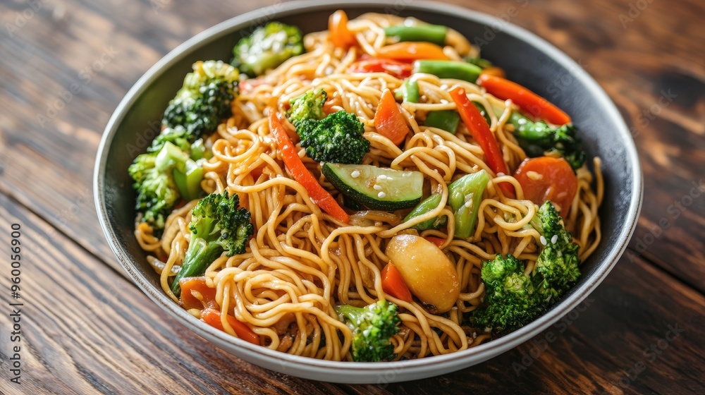 Vegetable lo mein, egg noodles stir-fried with a variety of vegetables. Vegetable lo mein, egg noodles stir-fried with a variety of vegetables.