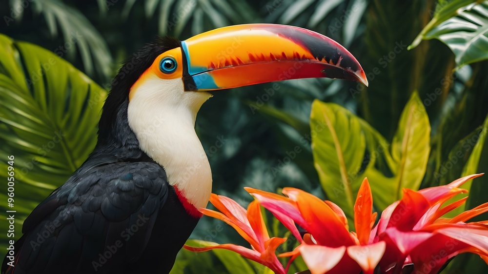 Fototapeta premium Colorful toucan in a lush jungle background