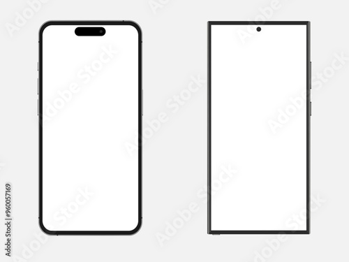 Smartphone Screens, Mobile Phone Template, Front View, Frame, Black, Minimalism, Mockup, Isolated, Vector Illustration
