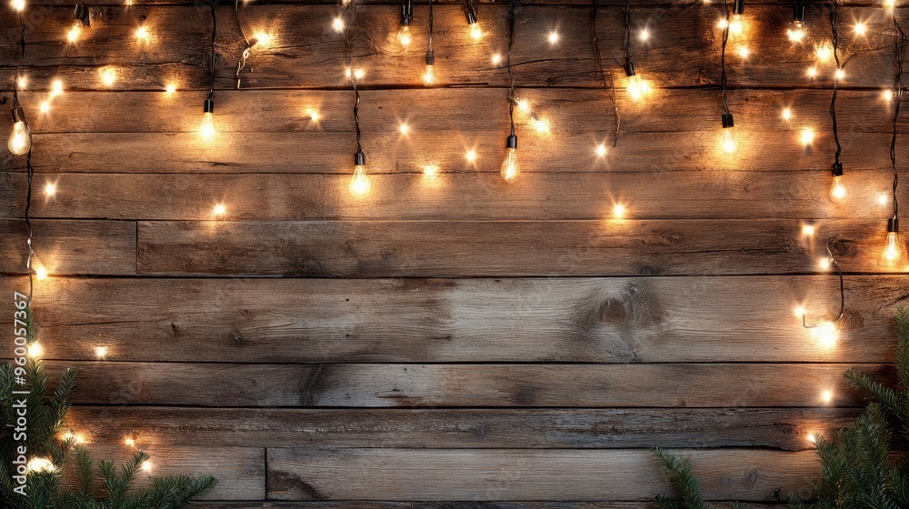 Vibrant string lights draped across a rustic wooden backdrop, their warm glow creating a festive and inviting atmosphere.