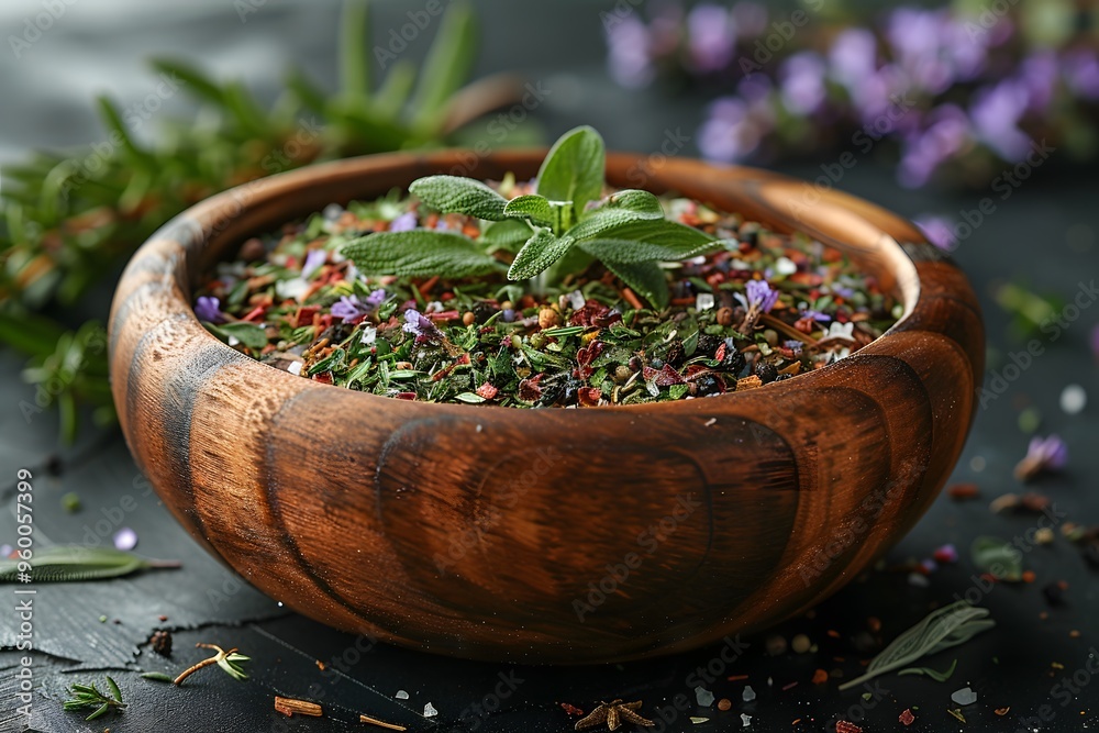 Herbs and Spices in Wooden Bowl - Fresh Organic Seasoning for Culinary Use Herbs and Spices in Wooden Bowl - Fresh Organic Seasoning for Culinary Use